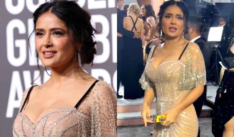 Salma Hayek makes red carpet impact with sexy dress and curious object in her hand